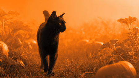 A black cat walks through a foggy pumpkin patch, enhanced by a warm orange gradient overlay. Ideal for a stylish homepage hero banner promoting seasonal sales or autumn themes.の素材