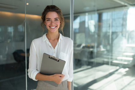 A businesswoman in a smart casual outfit holds a clipboard and smiles confidently, standing in front of a glass-walled conference room. The setting is a modern corporate environment with natural dayliの素材