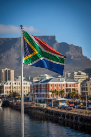 The South African flag waves in Cape Town harbor, set against the iconic Table Mountain. The image captures a vibrant blend of urban and natural elements in daylight.の素材