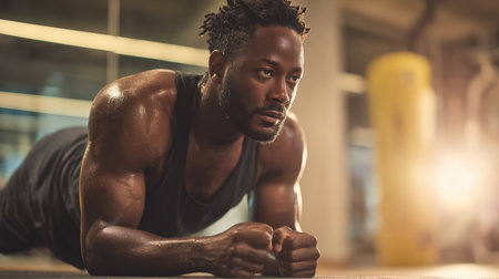 A man performs a plank exercise on a mat in a bright, modern gym. The warm tones and cinematic composition emphasize his physical effort and focus on fitness.の素材