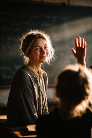 A teacher smiles warmly at a student who has raised their hand in a classroom. The scene is bathed in soft morning light, creating a cinematic and realistic storytelling atmosphere.の素材