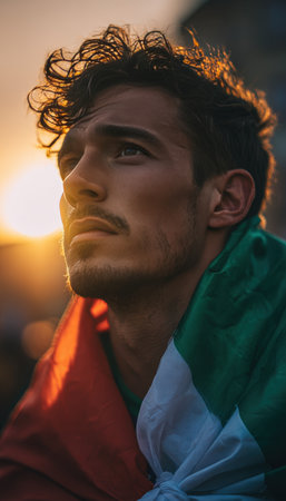 An Italian football supporter wrapped in the tricolor flag gazes with determination. The scene is set against a cinematic sunset, highlighting his expressive look and passion.の素材