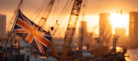 The British flag is illuminated by a golden sunset, set against the backdrop of London's skyline and industrial cranes, creating a cinematic and atmospheric scene.の素材