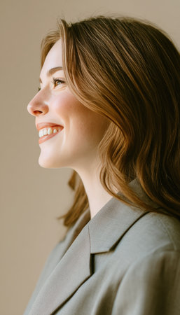 Side profile of a woman in a blazer smiling and looking off-frame. Positioned on the right against a clean studio background with pastel tones, leaving open space on the left.の素材