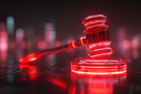 A glowing red holographic gavel set against a Chinese justice hall backdrop, featuring a sci-fi cyberpunk aesthetic with ambient lighting and futuristic design elements.の素材