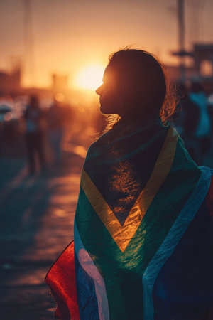 A silhouette of a South African fan wrapped in the national flag, illuminated by a warm sunset. The scene captures a cinematic celebration of cultural pride and unity.の素材