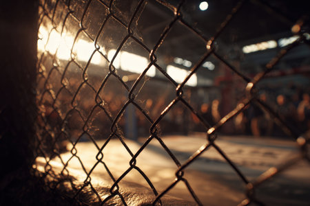 Close-up of an MMA cage bathed in golden evening light, creating a nostalgic retro sports feel. Dust particles and shallow depth of field enhance the cinematic atmosphere.の素材