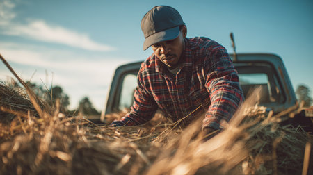 An African American farmer in a flannel shirt and cap organizes hay in a truck bed. The scene captures rustic farmland with a bright horizon, emphasizing cinematic storytelling.の素材