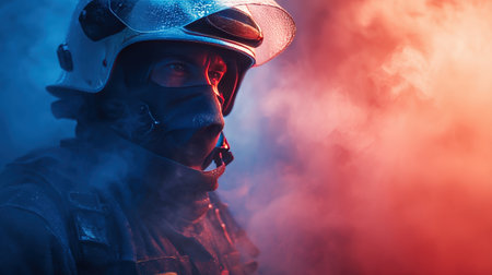 A French firefighter stands amidst thick smoke, facing the tricolor flag. Soft blue and red reflections highlight the gear, capturing a cinematic scene of bravery and determination.の素材