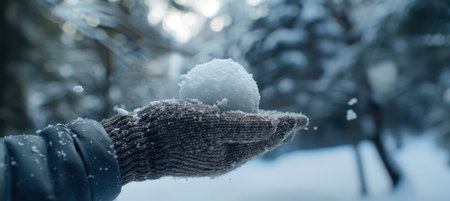 A close-up image of a hand in a wool mitten holding a snowball, set against a snow-covered forest backdrop. This scene captures the essence of a fun winter day outdoors.の素材