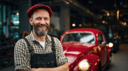 A smiling car mechanic stands confidently in a modern garage, with a vintage red car in the background. The scene is lit with natural soft lighting, creating a cinematic feel.の素材