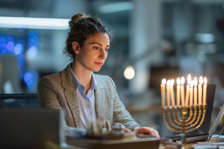 A female executive lights a menorah at her desk, creating a symbolic and respectful Hanukkah scene. The soft evening lighting enhances the professional holiday atmosphere.の素材