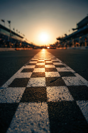 A checkered flag marks the starting grid of a racetrack, illuminated by golden hour sunlight. The cinematic framing and warm tones create an atmosphere of anticipation before the race.の素材