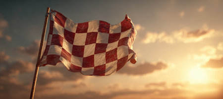 A checkered flag waves mid-air as a winner crosses the finish line, set against a glowing sky with heat haze, capturing the cinematic energy and focus of a thrilling race.の素材