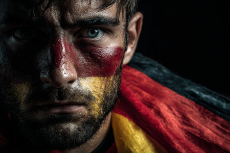 A German football fan with a black-red-gold flag on his shoulders displays an intense gaze under stadium floodlights. The image features cinematic realism and strong lighting contrast.の素材