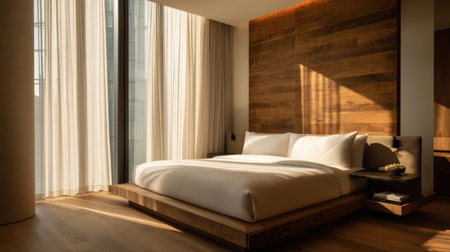 Explore a contemporary minimalist suite featuring a sleek bed, natural oak backdrop, and airy curtains. Sunlight streams through, highlighting the cinematic architecture and serene ambiance.の素材