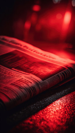 A newspaper headline is dramatically illuminated by a red emergency light, creating a tense and cinematic atmosphere. The image evokes urgency and intrigue.の素材