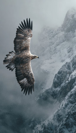 A majestic eagle soars through the snow-covered Alps, blending with the mist. The aerial wide shot captures the bird's grace and the muted colors of the landscape in documentary style.の素材
