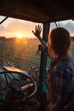 A female tractor driver waves to the camera from inside her vehicle, set against a bright green field and a stunning sunset, capturing the essence of rural life.の素材