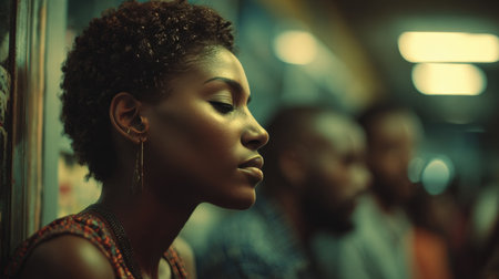 A close-up of an African woman with short curly hair, appearing bored while waiting in a long checkout line. The warm store lighting adds a cinematic feel to the scene.の素材