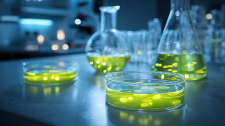 Petri dishes and glass flasks containing glowing liquid samples in a biotechnology laboratory. The setting features a clean, sterile background with cinematic lighting.の素材