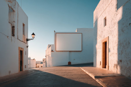 An empty billboard stands on a quiet Mediterranean street, surrounded by white walls and bathed in warm sunlight, creating a calm and inviting travel aesthetic.の素材