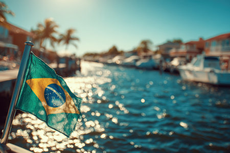 A Brazilian flag flutters at a tropical marina, with sunlight reflecting on turquoise waters. The scene captures a festive and vibrant travel photography style.の素材