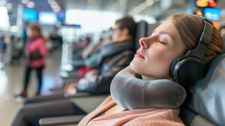 A traveler takes a nap in a busy airport lounge using a neck pillow and sleep mask. The image emphasizes the importance of rest during travel for maintaining energy and well-being.の素材