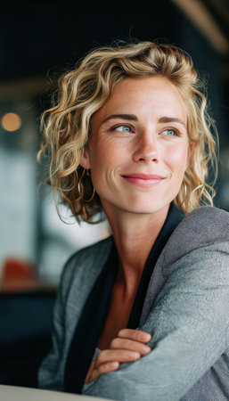 A confident businesswoman sits and smiles in a stylish office. The image features depth of field focused on background elements, with soft shadows and clean zones for text placement.の素材