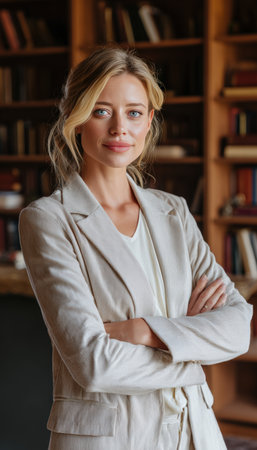 A female CEO stands confidently with arms crossed, wearing a light-colored blazer. She is in a modern workspace with a large executive bookshelf, showcasing subtle luxury touches.の素材