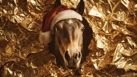 A charming horse wearing a Santa hat humorously peeks through gold foil paper. This minimalist Christmas portrait captures a festive and whimsical holiday spirit with soft lighting.の素材
