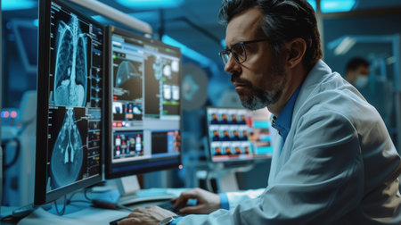 A rheumatologist operates a diagnostic ultrasound machine to examine a patient's shoulder. High-resolution medical imaging is displayed on a monitor, aiding in joint issue diagnosis.の素材