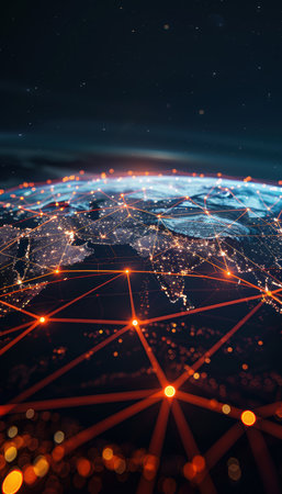 A massive digital network map spreads across a globe, featuring bright interconnected lines symbolizing global business connections, innovation, and communication against a dark backdrop.の素材