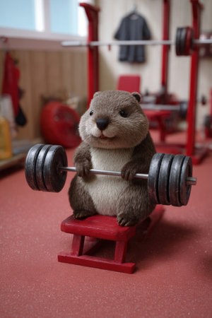 A cute beaver is seen adjusting weights on a bench press bar in a gym. The scene humorously combines wildlife with fitness, showcasing the beaver's playful interaction with gym equipment.の素材