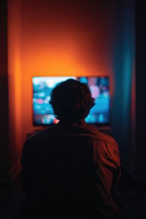 A person enjoys a TV show in a cozy setting, illuminated by harmonious orange and blue lighting, creating a quiet evening atmosphere. The scene captures a sense of documentary realism.の素材