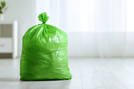 A green garbage bag filled with eco waste sits on a clean white floor, symbolizing environmental responsibility. The cinematic tone highlights the importance of waste management.の素材