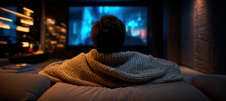 A person in a knitted sweater enjoys a home cinema experience, surrounded by soft golden and blue lighting, creating a relaxing and intimate night atmosphere.の素材