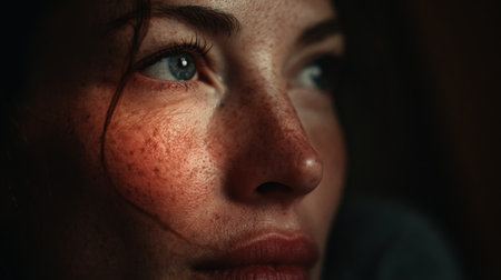 A close-up image captures the reflection of TV light on a person's face, creating an emotional and cinematic tone. The realistic lighting enhances the intimate home setting.の素材
