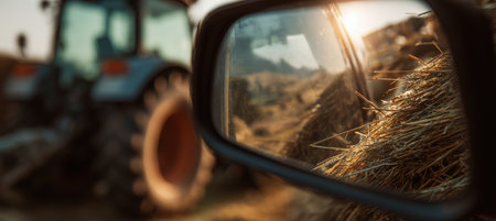Artistic close-up of a tractor's side mirror reflecting sunlight, with a blurred hay background. Captures rural lifestyle and agricultural themes with a focus on detail.の素材
