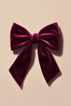Photorealistic image of a deep burgundy velvet bow with visible weave and crisp edges, elegantly isolated on a pastel blush background, showcasing luxurious texture and color.の素材
