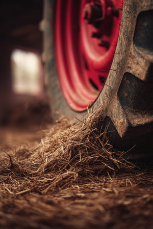 Detailed shot of a red tractor tire covered in straw, showcasing rustic textures and a cinematic farm atmosphere. The shallow depth of field enhances the artistic composition.の素材