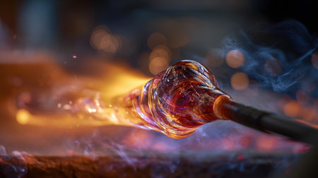 A detailed view of a glassblower shaping molten glass, showcasing vibrant colors and intricate patterns. The glowing glass is surrounded by a warm, fiery ambiance.の素材