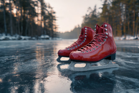 Bright red ice skates rest on a frozen lake, surrounded by a natural snowy forest. The peaceful early morning atmosphere and minimalist composition highlight the scene's tranquility.の素材