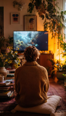 A person in a sweater sits on a cushion, watching television in a warm, cozy living room. The setting features soft lighting, lush plants, and a tranquil atmosphere, creating a serene domestic scene.の素材