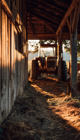 A tractor is parked beside wooden barn beams, bathed in a golden afternoon glow. The image captures earthy tones and natural lighting, showcasing a realistic countryside scene.の素材
