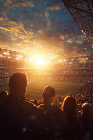 Spectators watch sprinters during a championship race at sunset. The panoramic stadium view captures golden tones and lens flare, creating a dramatic sports documentary style.の素材