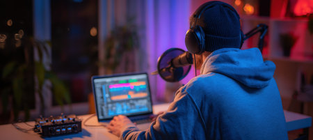 A casual podcaster wearing a hoodie sits at a desk with a microphone and laptop, recording in a cozy home studio setting with ambient lighting.の素材