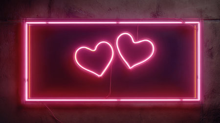 A vibrant pink neon rectangular frame with glowing twin hearts in the right corner, set against a textured background. The modern digital art piece features cinematic lighting.の素材