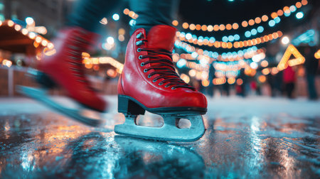 Dynamic image capturing red skates in motion on an urban rink, set against the blurred festive lights of a Christmas market. The bokeh effect adds a joyful, cinematic feel.の素材