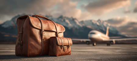Elegant leather luggage set on a runway with an airplane and mountains in the background. Captured in warm tones and a cinematic travel adventure style under a clear sky.の素材